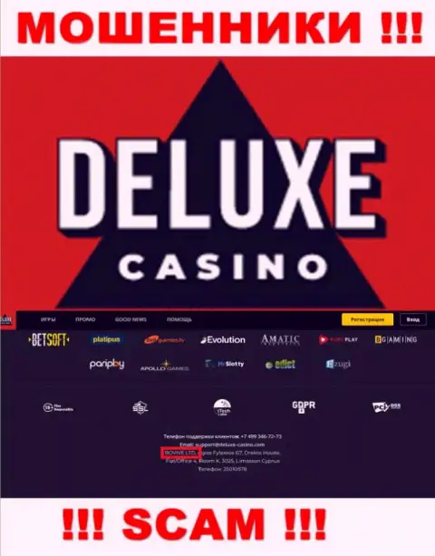 Сведения о юр. лице Deluxe-Casino Com на их официальном сайте имеются - это BOVIVE LTD