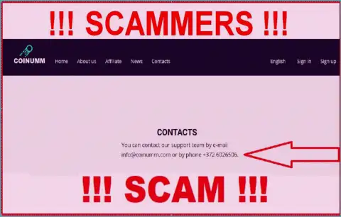 Coinumm Com phone number is listed on the fraudsters site