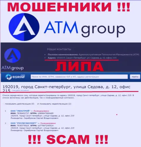 Во всемирной сети интернет и на web-ресурсе мошенников ATM Group нет реальной инфы об их адресе регистрации