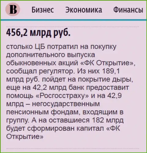 Как говорится в издании Ведомости, почти что 500 млрд. рублей потрачено на спасение финансового холдинга Открытие